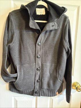 Weatherproof Men's Charcoal Gray Button-Up Knit Cardigan With Hood Collegiate